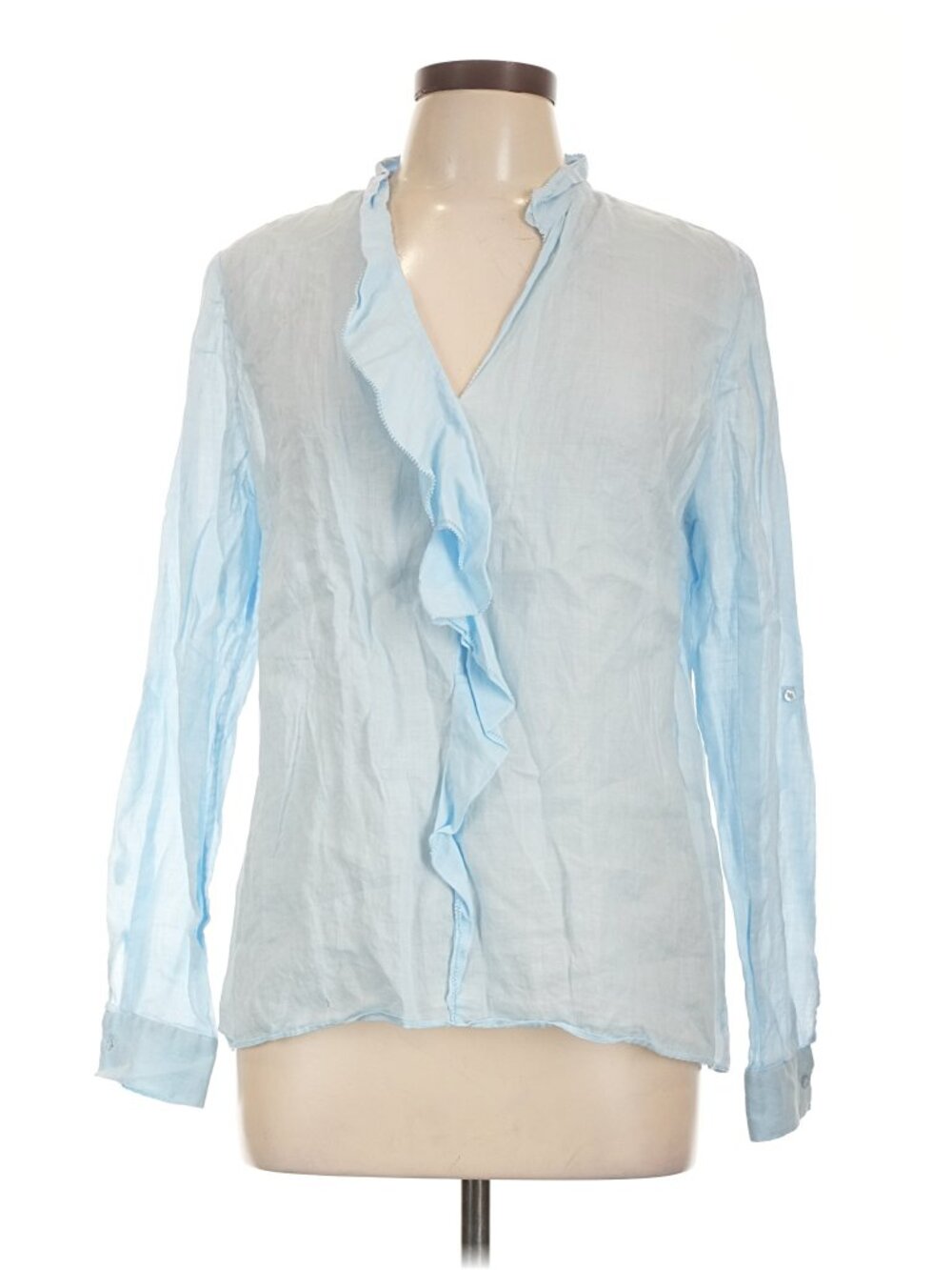 Elie Tahari Light Blue 100% Ramie Ruffle High Low Blouse Size L - Picture 2 of 6